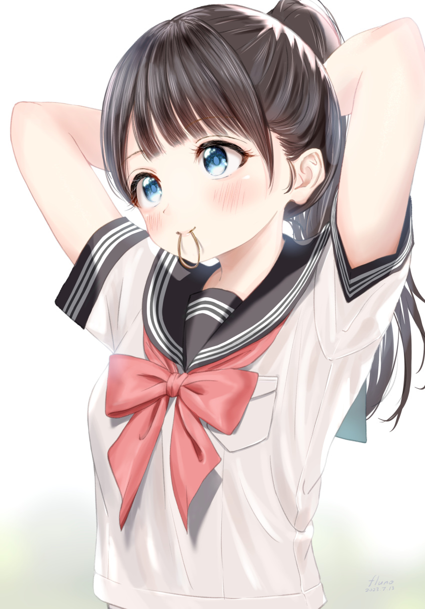 1girl absurdres adjusting_hair akebi-chan_no_serafuku akebi_komichi arms_behind_head arms_up black_sailor_collar blue_eyes blush breasts closed_mouth fluno gradient_background hair_tie hair_tie_in_mouth high_ponytail highres long_hair mouth_hold neckerchief ponytail red_neckerchief roubai_academy_school_uniform_(old) sailor_collar school_uniform serafuku shirt simple_background small_breasts solo tying_hair upper_body white_shirt