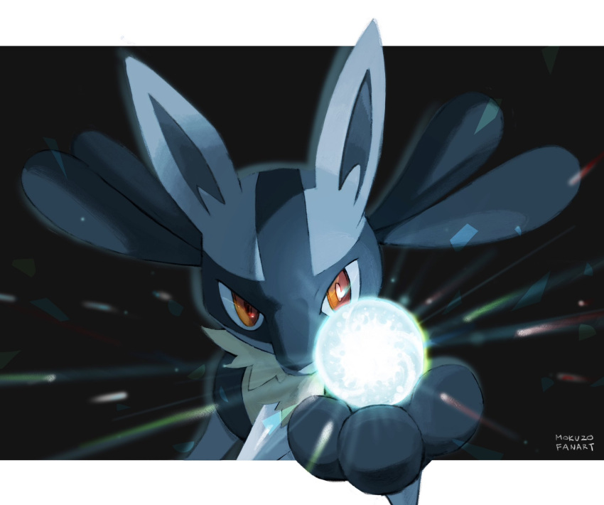 bright_pupils commentary_request energy_ball glowing hand_up highres letterboxed looking_at_viewer lucario mokuzou_(moku_ssbu) orange_eyes pokemon pokemon_(creature) signature solo yellow_fur