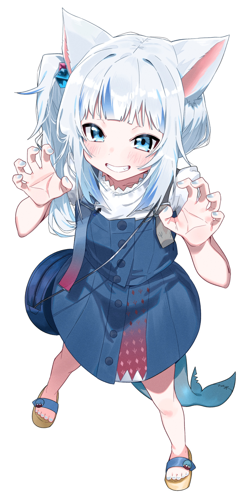 1girl absurdres animal_ears blue_eyes blue_hair blue_nails blush cat_ears cube_hair_ornament fingernails fins fish_tail full_body gawr_gura gawr_gura_(2nd_costume) hair_ornament highres hololive hololive_english looking_at_viewer multicolored_hair nail_polish sandals shark_tail sharp_teeth simple_background smile solo standing tail teeth toenail_polish toenails toes tosyeo two-tone_hair virtual_youtuber white_background white_hair