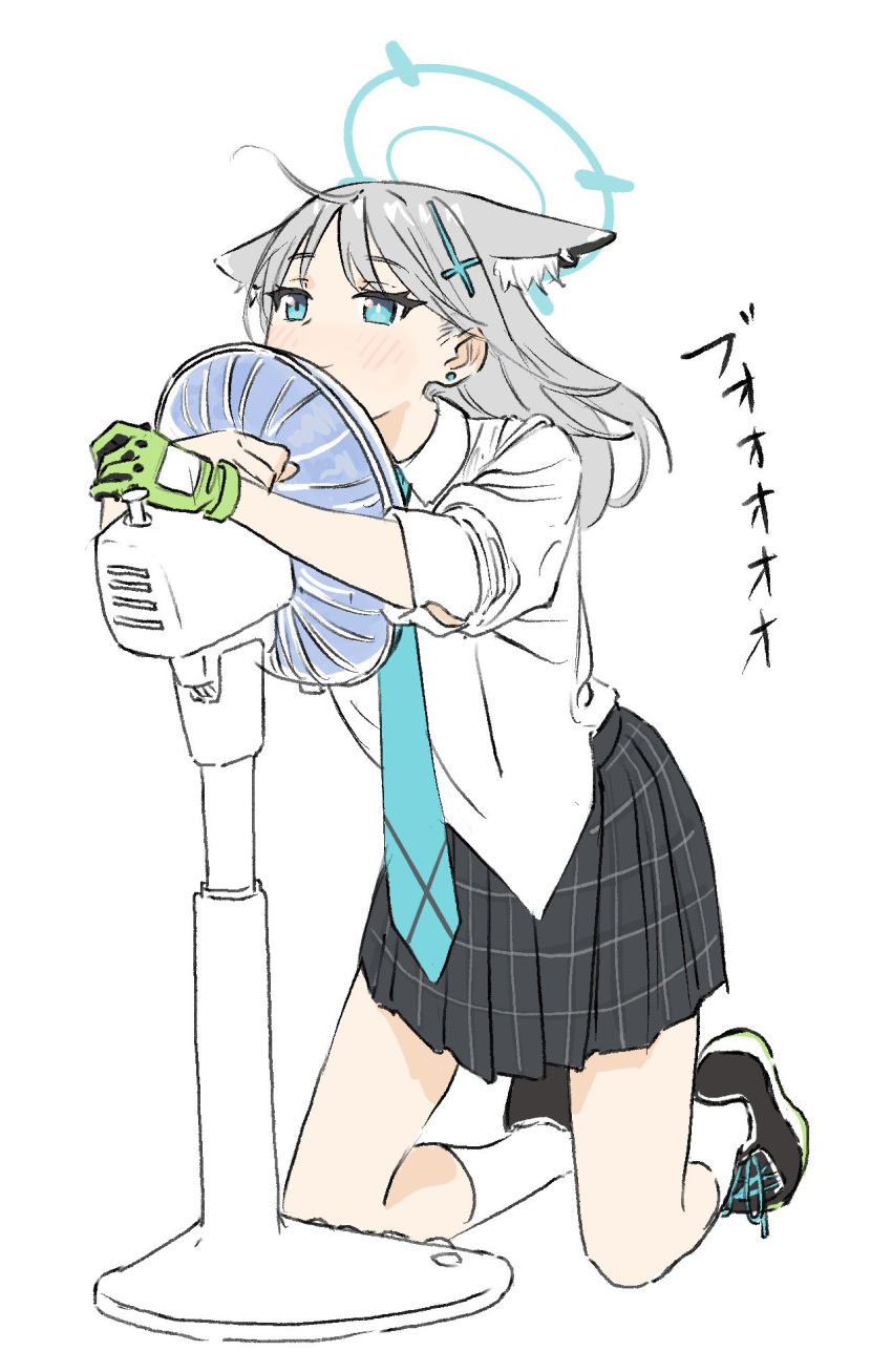 1girl animal_ear_fluff animal_ears aqua_eyes aqua_necktie black_skirt blue_archive blush bright_pupils closed_mouth collared_shirt commentary cross cross_hair_ornament dress_shirt earrings ears_down electric_fan floating_hair full_body gloves gomibako_(gomibako_price) green_gloves grey_hair hair_ornament halo highres inverted_cross jewelry kneehighs kneeling mismatched_pupils necktie object_hug plaid plaid_skirt pleated_skirt shiroko_(blue_archive) shirt shirt_partially_tucked_in shoes simple_background single_glove skirt sleeves_rolled_up smile sneakers socks solo sound_effects stud_earrings translated white_background white_pupils white_shirt wolf_ears wolf_girl