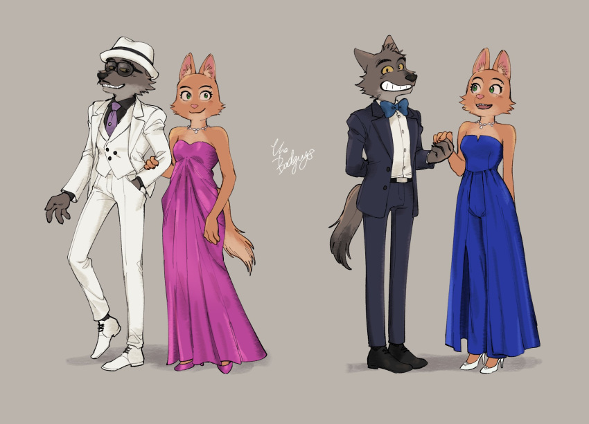 1boy 1girl animal_ears bare_shoulders black_jacket black_pants black_suit blue_bow blue_bowtie blue_dress blue_pants body_fur bow bowtie colored_sclera copyright_name diane_foxington dress eyebrow_piercing fake_facial_hair fake_mustache fox_ears fox_girl fox_tail full_body furry furry_female furry_male green_eyes grey_background grin hand_on_another's_arm high_heels highres holding_hands jacket jewelry mr._wolf multiple_views necklace necktie nosugarnohoney official_alternate_costume open_mouth orange_fur pant_suit pants pants_under_dress piercing purple_dress purple_footwear purple_necktie simple_background smile snout strapless strapless_dress suit sunglasses tail teeth the_bad_guys_(film) two-tone_fur waistcoat white_footwear white_headwear white_jacket white_pants white_suit wolf_boy wolf_ears yellow_eyes