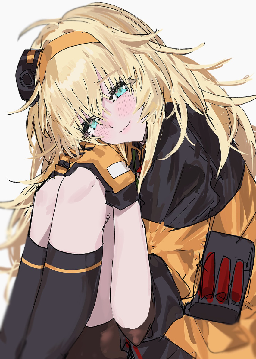 1girl aogisa black_socks blonde_hair blue_eyes blush girls_frontline gloves grey_background hairband highres jacket knees_up long_hair looking_at_viewer messy_hair s.a.t.8_(girls'_frontline) simple_background sitting smile socks solo yellow_gloves yellow_hairband