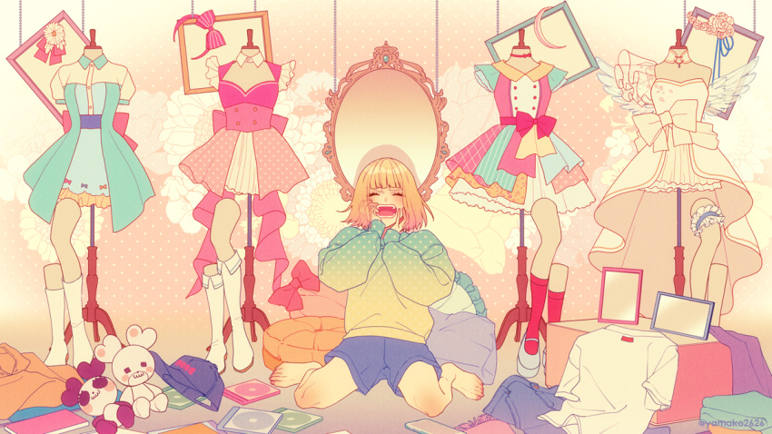 1girl bare_legs barefoot baseball_cap blonde_hair blunt_bangs boots bow bridal_garter cd_case character_request check_character closed_eyes clothes cushion dress empty_picture_frame fake_wings flower gradient_shirt hair_flower hair_ornament hairband hands_on_own_face hat honeyworks knee_boots mannequin mary_janes medium_hair mirror narumi_mona on_ground open_mouth picture_frame pillow polka_dot shoes short_hair shouting sitting solo stuffed_animal stuffed_toy sweater wariza wings yamako_(state_of_children)