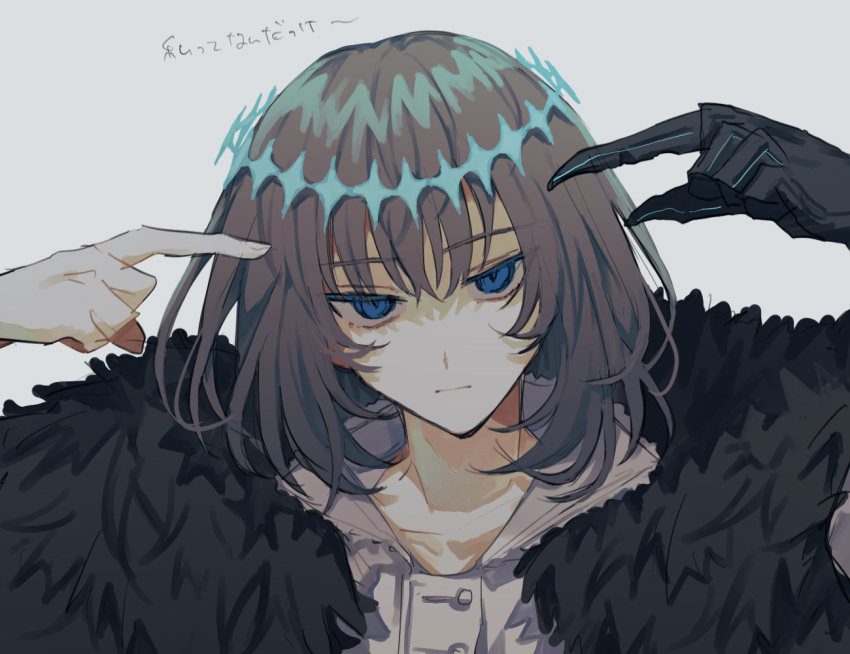1boy black_gloves black_hair blue_eyes closed_mouth collared_shirt commentary diamond_hairband empty_eyes fate/grand_order fate_(series) fur_trim gloves inagoinaire looking_at_viewer male_focus oberon_(fate) oberon_(third_ascension)_(fate) pointing pointing_at_self portrait shirt short_hair simple_background single_glove solo white_background white_shirt