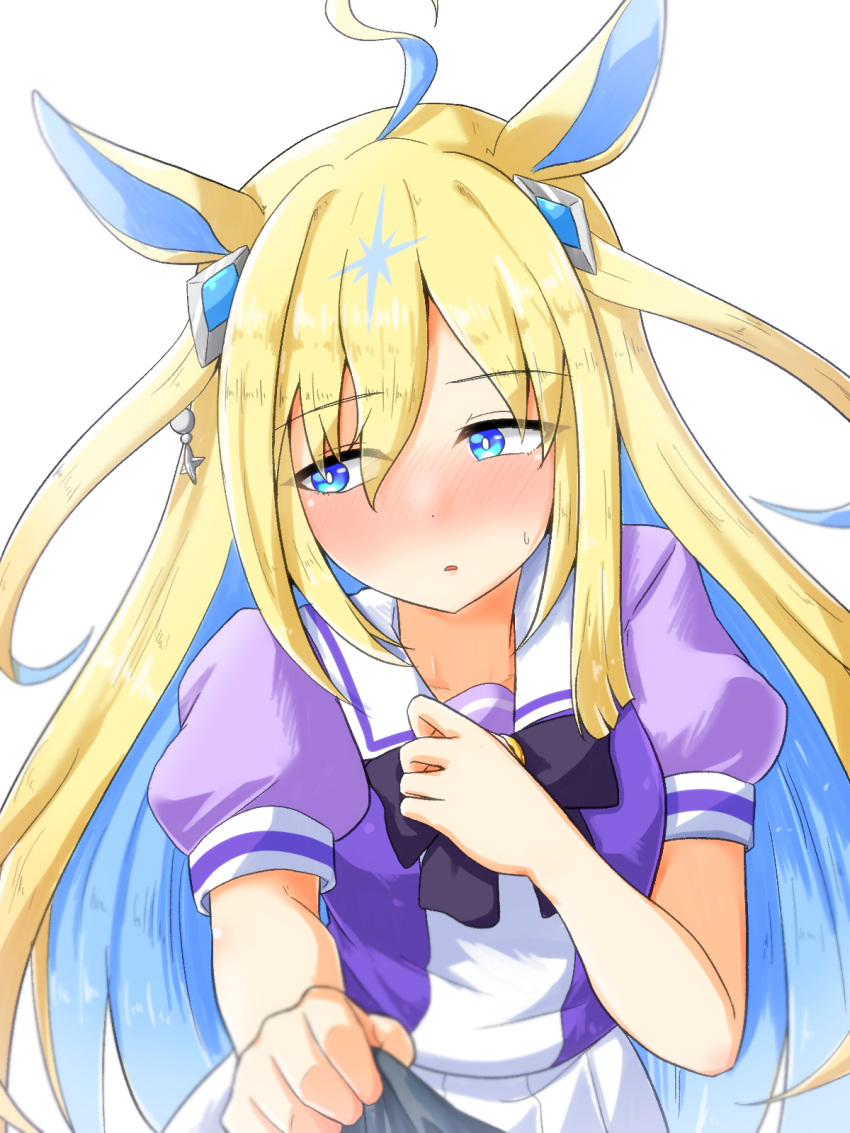 1girl ahoge animal_ears blonde_hair blue_eyes blush breasts commentary embarrassed hair_between_eyes hair_ornament highres holding horse_ears medium_breasts multicolored_hair neo_universe_(umamusume) nose_blush open_mouth oshiaki pov school_uniform simple_background solo sweat tracen_school_uniform two-tone_hair umamusume white_background