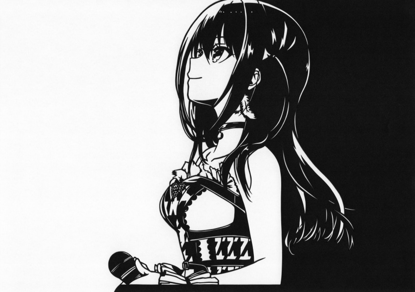 1girl absurdres bare_shoulders breasts closed_mouth collarbone dress earrings from_side fur-trimmed_dress fur_trim greyscale hair_between_eyes highres holding holding_microphone idoly_pride jewelry long_hair looking_up medium_breasts microphone monochrome moy1124 nagase_mana one_side_up own_hands_together paper_cutout_(medium) pendant_choker sidelocks sleeveless sleeveless_dress smile solo straight_hair upper_body