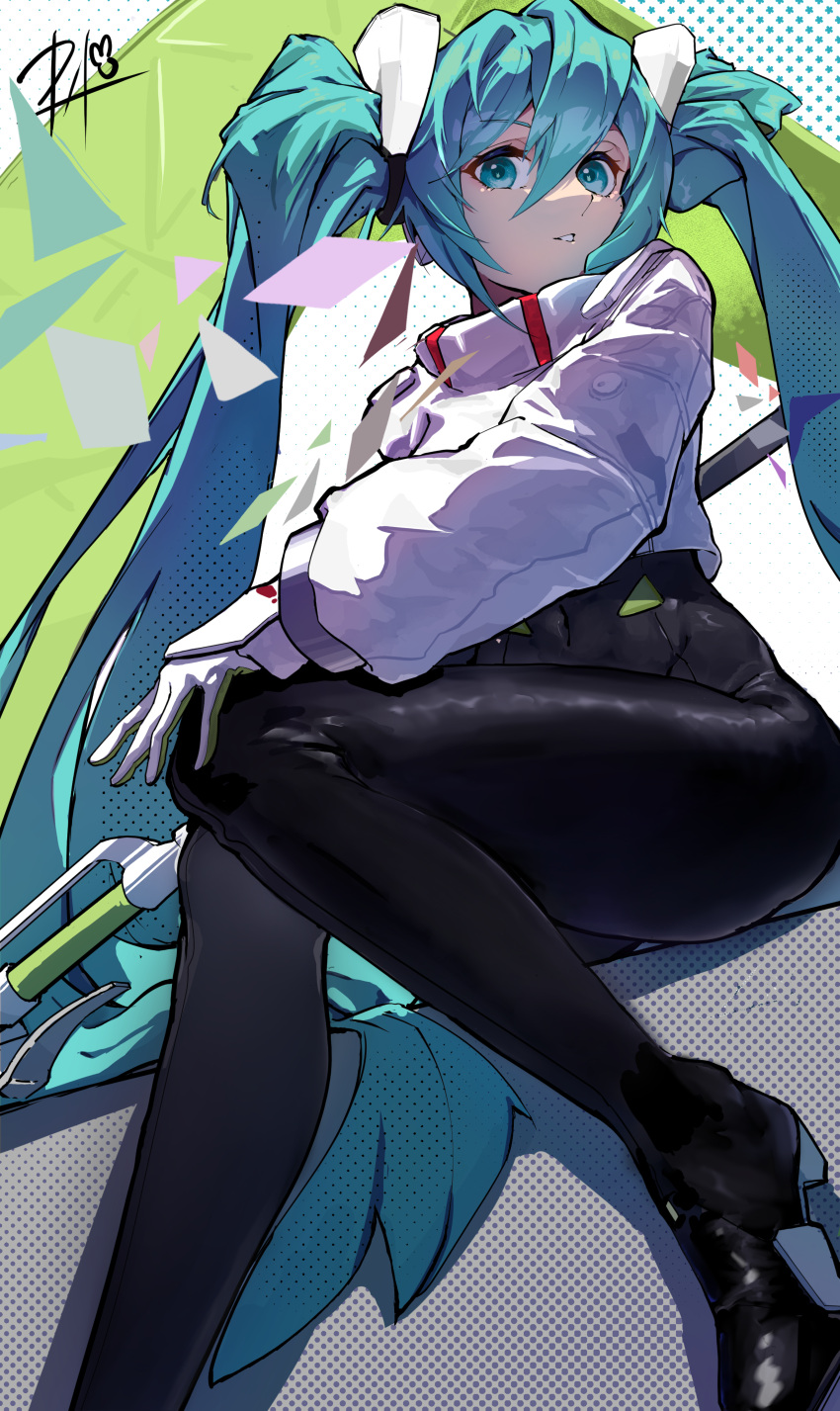 1girl absurdres aqua_eyes aqua_hair black_bodysuit black_footwear black_pants bodysuit chinese_commentary commentary_request covered_navel cropped_jacket gloves hair_between_eyes hatsune_miku highres jacket long_bangs long_hair long_sleeves looking_at_viewer looking_down pants parted_lips racequeen racing_miku racing_miku_(2022) shoes signature sitting solo twintails user_jmft3285 very_long_hair vocaloid white_gloves white_jacket