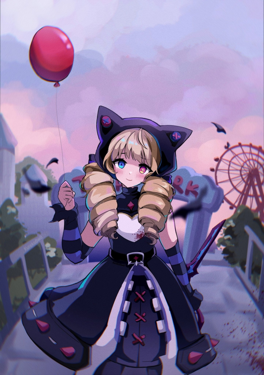 1girl animal_ears balloon belt black_dress black_headwear black_pantyhose black_sleeves blonde_hair blue_eyes blush bush dress drill_hair english_commentary fake_animal_ears ferris_wheel gwen_(league_of_legends) hand_up hat heart highres holding holding_balloon kureko0w0 league_of_legends light_brown_hair long_sleeves looking_at_viewer multicolored_hair outdoors pantyhose pink_sleeves red_eyes smile solo soul_fighter_gwen striped_sleeves twin_drills twintails two-tone_hair white_dress