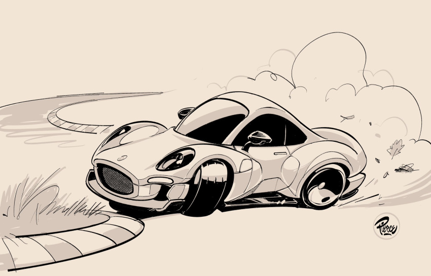artist_name car caterham caterham_project_v chibi drifting english_commentary grass highres leaf monochrome motor_vehicle no_humans racetrack sepia sports_car vehicle_focus will_pierce