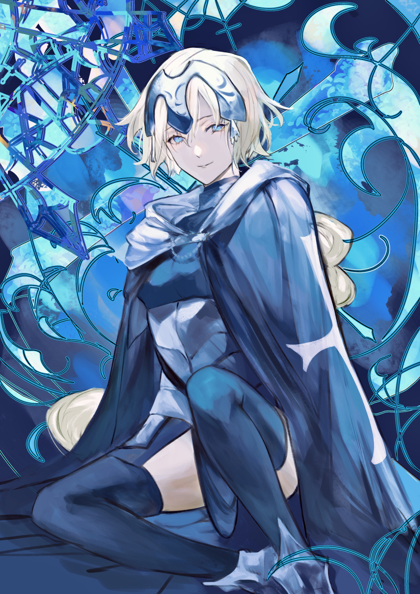 1girl absurdres armor armored_dress black_cape black_thighhighs blonde_hair blue_eyes braid cape closed_mouth commentary_request dress fate/apocrypha fate/grand_order fate_(series) hair_between_eyes headpiece highres jeanne_d'arc_(fate) jeanne_d'arc_(ruler)_(fate) long_braid long_hair looking_at_viewer plackart single_braid sitting smile solo thigh-highs very_long_hair yuzu_(pixiv_54192275)