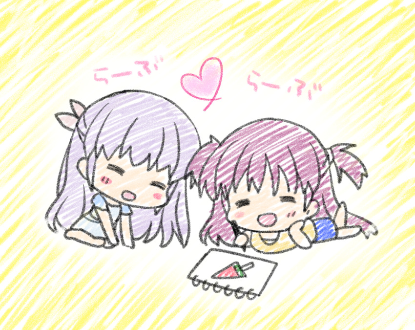 2girls :d =_= asahina_yori blush casual chibi child's_drawing commentary_request drawing dress food hair_between_eyes happy heart highres holding holding_pen katou_umi light_purple_hair long_hair lying multiple_girls naruse_shiroha on_stomach open_mouth pastel_colors pen popsicle purple_hair shirt short_sleeves simple_background sitting smile summer_pockets two_side_up very_long_hair watermelon_bar white_dress yellow_background yellow_shirt
