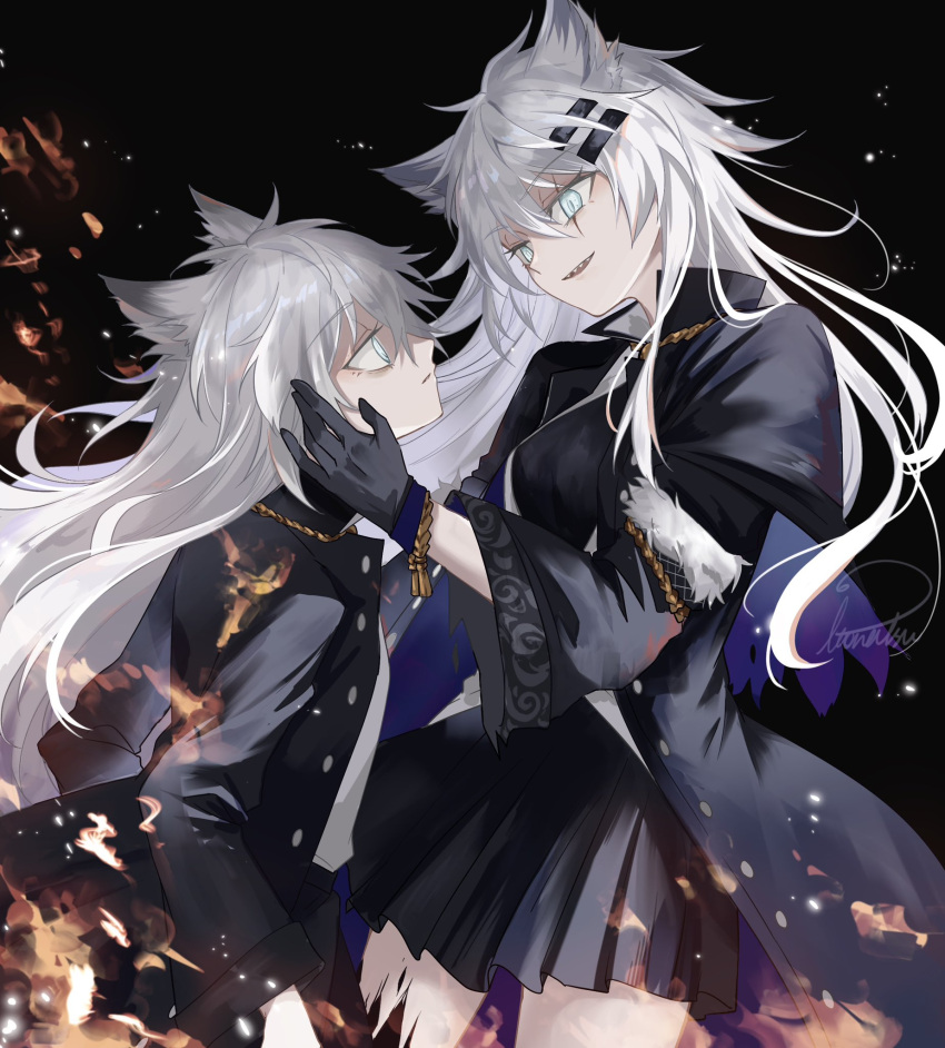 2girls animal_ear_fluff animal_ears arknights black_dress black_gloves black_jacket black_skirt breasts commentary_request dress dual_persona gloves grey_eyes grey_hair hair_between_eyes hair_ornament hairclip hand_on_another's_face highres itonatsu_pino jacket lappland_(arknights) lappland_(refined_horrormare)_(arknights) long_hair medium_breasts multiple_girls open_clothes open_jacket parted_lips scar scar_across_eye sharp_teeth shirt skirt teeth very_long_hair white_dress white_shirt