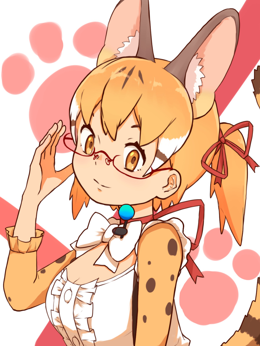 1girl animal_ears bow bowtie brown_eyes brown_hair cat_ears cat_girl cat_tail extra_ears glasses highres kemono_friends kemono_friends_v_project large-spotted_genet_(kemono_friends) long_hair looking_at_viewer microphone ribbon shirt simple_background solo suspenders tail twintails virtual_youtuber y0whqzz8bkslezl