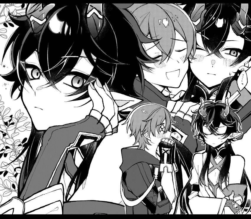 ... 2boys :d :| bare_shoulders blush caelus_(honkai:_star_rail) closed_eyes closed_mouth crossed_bangs dan_heng_(honkai:_star_rail) dan_heng_(imbibitor_lunae)_(honkai:_star_rail) detached_sleeves dragon_boy dragon_horns fingerless_gloves gloves greyscale hair_between_eyes highres honkai:_star_rail honkai_(series) horns implied_yaoi jacket long_hair looking_at_another looking_at_viewer monochrome multiple_boys one_eye_closed open_mouth pectoral_cleavage pectorals pointy_ears short_hair smile susuki trailblazer_(honkai:_star_rail) yaoi