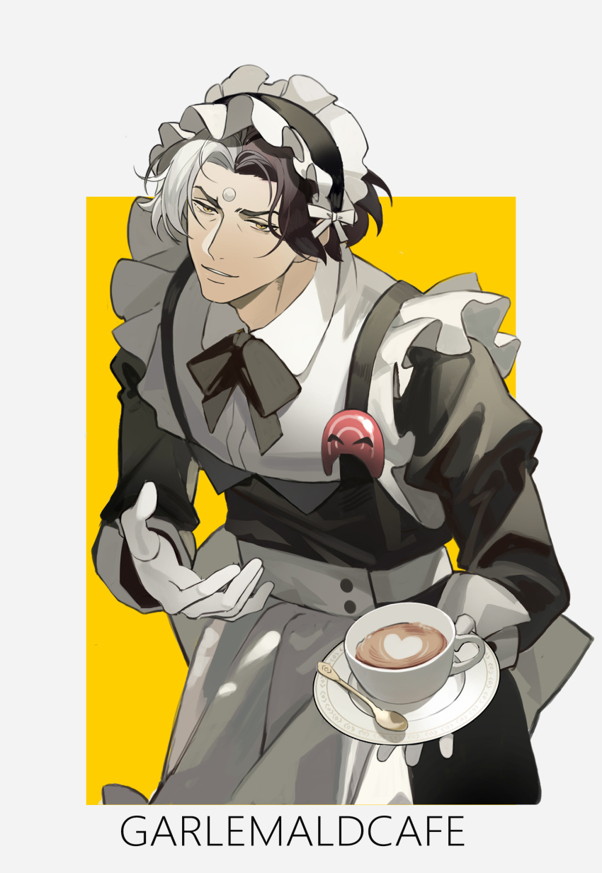 1boy absurdres apron black_bow black_bowtie black_hair black_shirt border bow bowtie character_request coffee_cup collared_shirt cup disposable_cup dress drink final_fantasy final_fantasy_xiv forehead forehead_jewel frilled_apron frills gloves highres holding holding_plate juliet_sleeves latte_art layered_clothes long_sleeves looking_at_viewer maid maid_headdress male_focus male_maid multicolored_hair og-pogg open_hand orange_eyes outside_border parted_bangs pinafore_dress plate puffy_sleeves saucer shirt short_hair sidelocks simple_background sleeveless sleeveless_dress solo spoon two-tone_hair white_apron white_border white_gloves white_hair white_shirt yellow_background