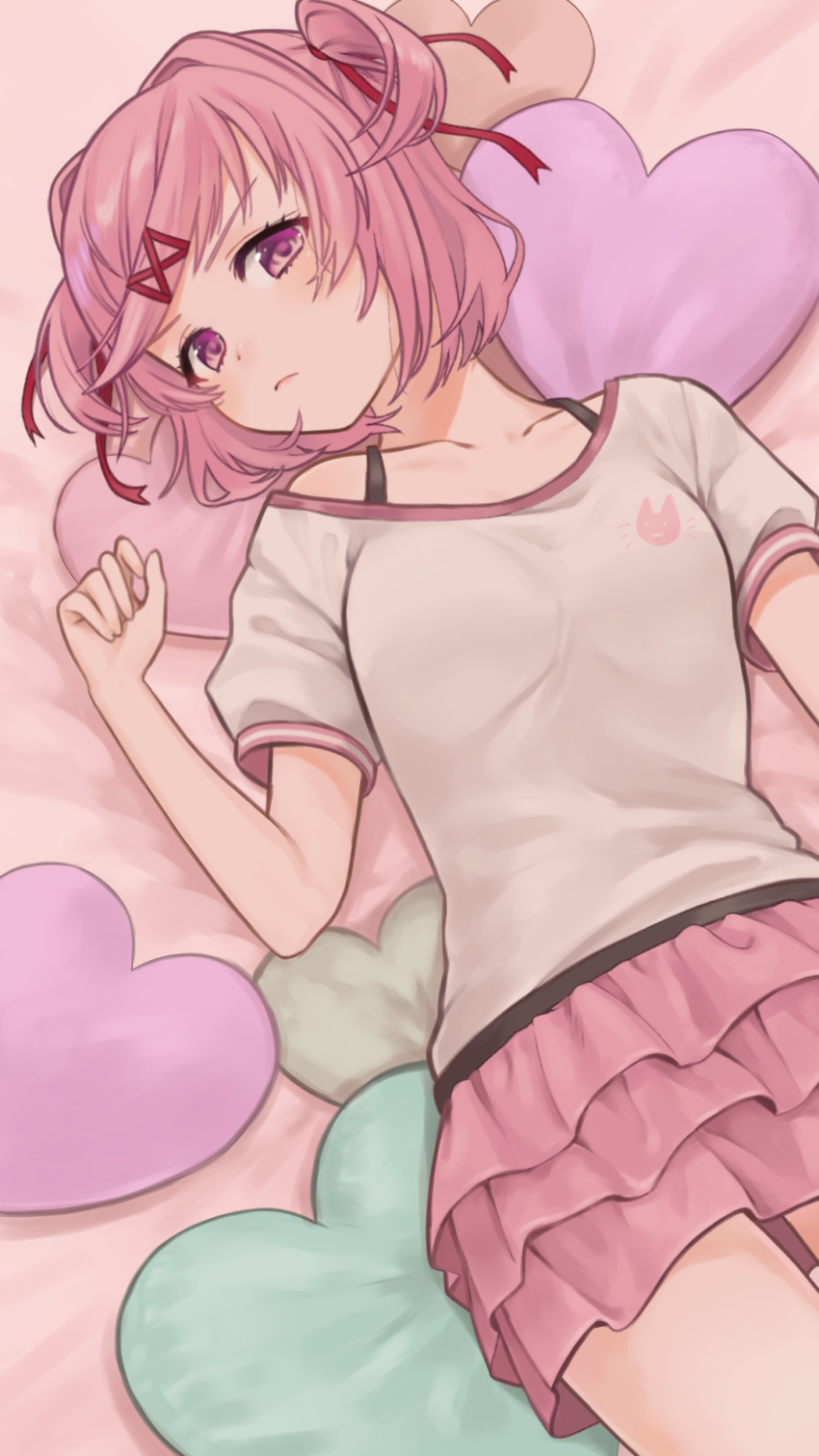 1girl :&lt; arm_at_side bed_sheet blush bra_strap breasts cat_symbol closed_mouth collarbone commentary cowboy_shot curled_fingers doki_doki_literature_club dutch_angle frilled_skirt frills hair_ornament hair_ribbon hand_up heart highres light_frown looking_at_viewer lying natsuki_(doki_doki_literature_club) off_shoulder on_back on_bed pillow pink_eyes pink_hair pink_skirt red_ribbon ribbon ryo_(tmsm7885) shirt short_hair short_sleeves single_bare_shoulder skirt small_breasts solo swept_bangs tsundere two_side_up v-shaped_eyebrows white_shirt x_hair_ornament