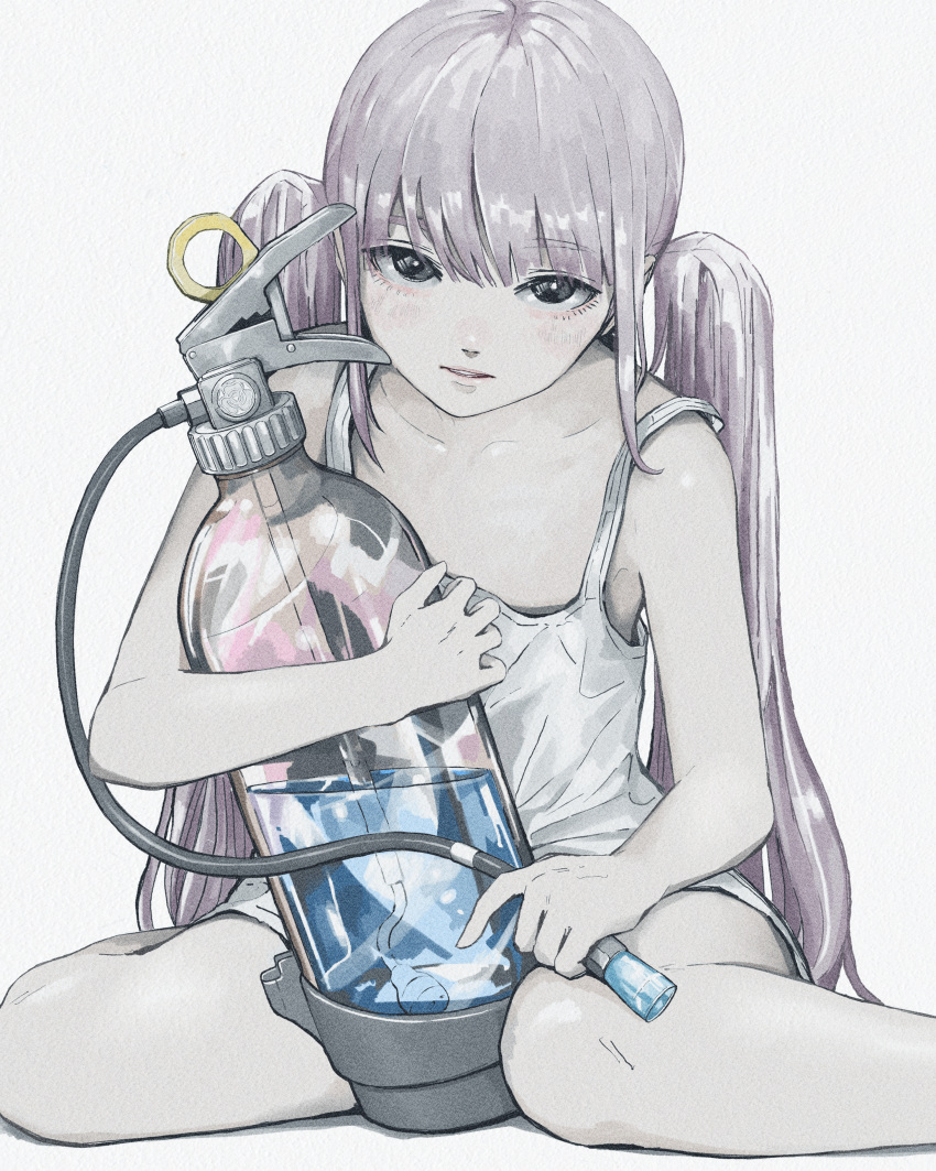 1girl absurdres araki_rakka black_eyes feet_out_of_frame fire_extinguisher flat_chest grey_hair highres long_hair looking_at_viewer original parted_lips pastel_colors solo tank_top twintails very_long_hair white_tank_top