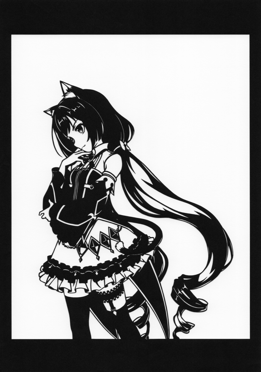 1girl absurdres animal_ears bare_shoulders black_border border bow cat_ears cat_girl cat_tail closed_mouth collared_shirt cowboy_shot drill_hair frilled_skirt frills from_side greyscale hair_bow hand_on_own_chin head_rest highres karyl_(princess_connect!) long_bangs long_hair looking_down low_twintails monochrome moy1124 paper_cutout_(medium) princess_connect! shirt sidelocks skirt sleeveless sleeveless_shirt smile solo tail thigh-highs thigh_garter twin_drills twintails very_long_hair