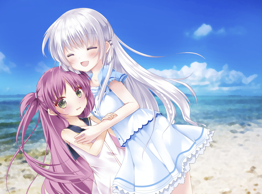 2girls :d ^_^ absurdres asahina_yori beach blue_sailor_collar blue_sky blurry blurry_background blush center_frills closed_eyes colored_eyelashes commentary_request cowboy_shot day dress embarrassed frilled_dress frilled_sleeves frills grey_eyes hair_between_eyes hair_ornament hairclip highres hug katou_umi leaning_back leaning_forward long_hair multiple_girls naruse_shiroha ocean open_mouth outdoors parted_bangs purple_hair sailor_collar sailor_dress short_sleeves sidelocks sky smile standing summer_pockets two_side_up very_long_hair white_dress white_hair