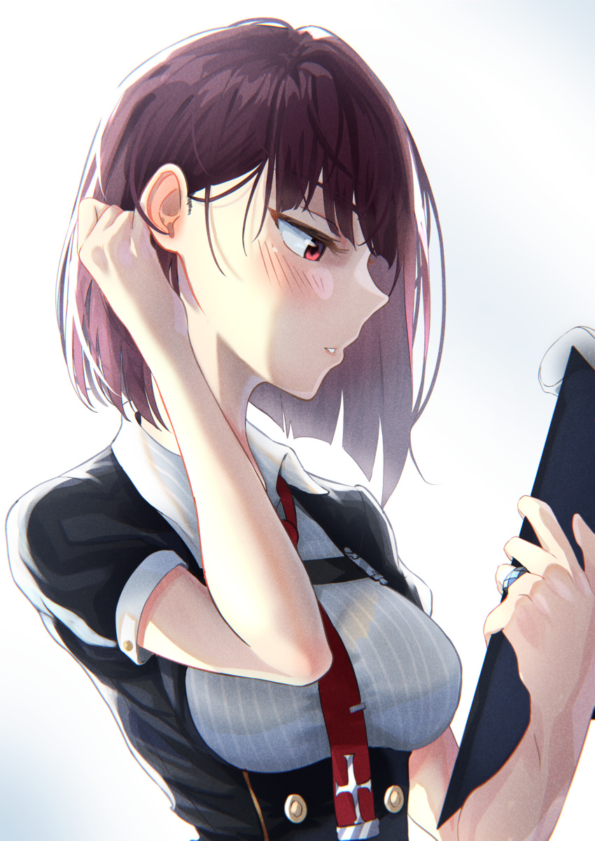 1girl absurdres alternate_hairstyle black_shirt blush clipboard from_side girls_frontline hair_behind_ear hair_tucking hand_up highres holding holding_clipboard jewelry looking_at_object medium_hair necktie parted_lips purple_hair red_eyes red_necktie ring shidoni shirt short_sleeves simple_background solo upper_body wa2000_(girls'_frontline) wedding_ring white_background