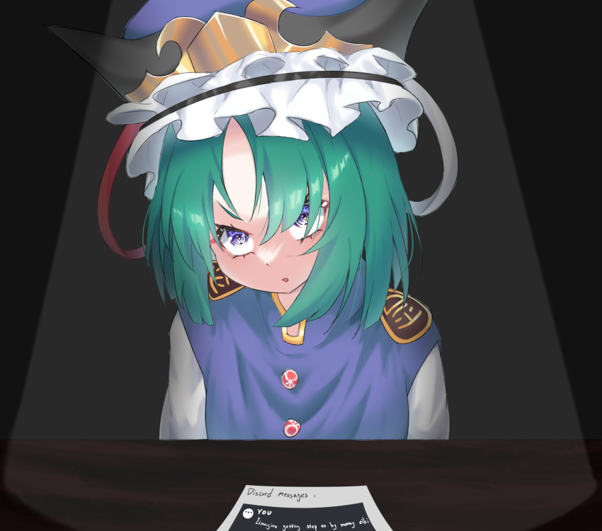 1girl alternate_eye_color angry black_background black_headwear blue_headwear blue_vest buttons commentary discord english_commentary english_text epaulettes flat_chest frilled_hat frills gazter green_hair hair_between_eyes hat highres interrogation looking_at_viewer medium_bangs open_mouth parted_bangs shiki_eiki shirt short_hair solo spotlight table touhou upper_body v-shaped_eyebrows vest violet_eyes white_shirt
