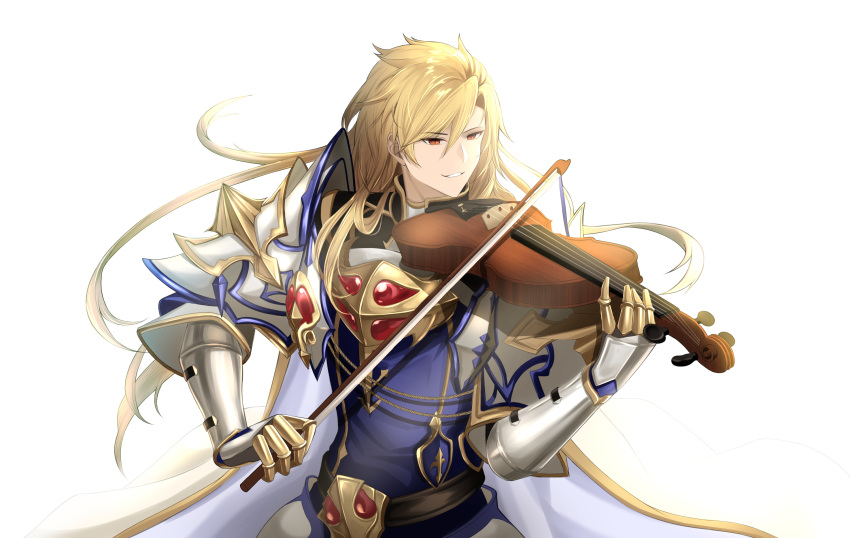 1boy aglovale_(granblue_fantasy) armor belt black_belt blonde_hair blue_jacket bow_(music) breastplate cape faulds gauntlets granblue_fantasy hair_between_eyes highres holding holding_instrument instrument jacket long_hair lucio_(lucioooo38) male_focus music parted_lips playing_instrument red_eyes shoulder_armor simple_background smile solo swept_bangs upper_body violin white_background white_cape