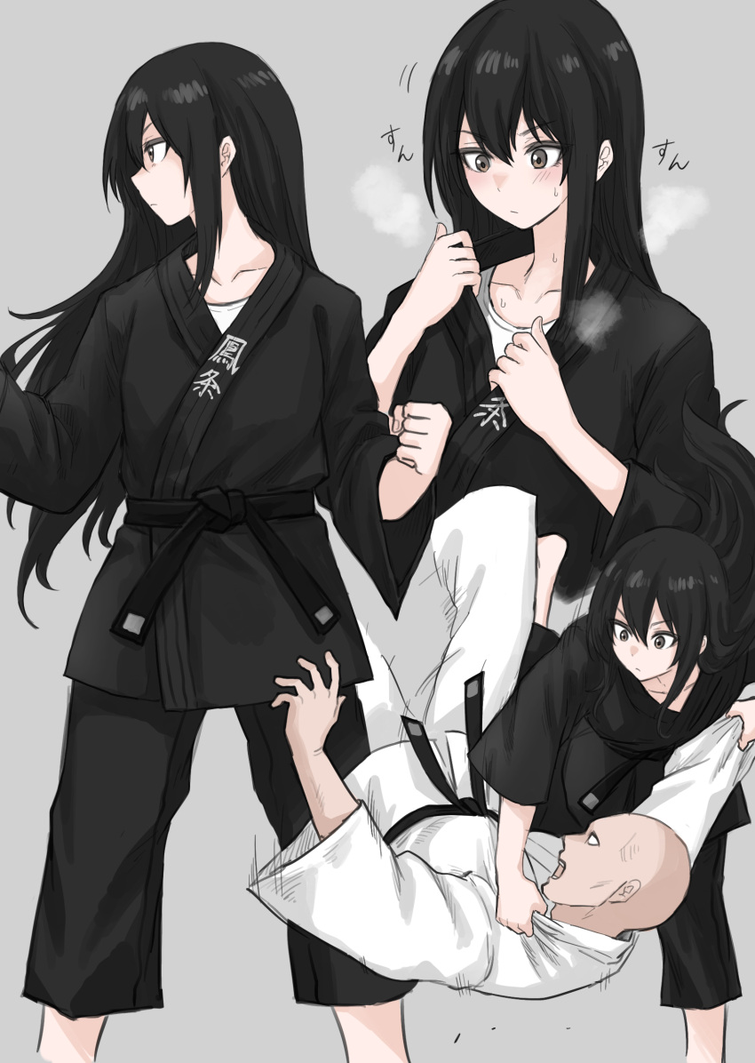 1boy 1girl bald black_hair black_pants black_robe blush breath clenched_hands closed_mouth collarbone dot_nose dougi expressionless feet_out_of_frame fuku_(fuku12290574) grey_background hair_between_eyes highres layered_clothes long_hair long_sleeves looking_at_another martial_arts martial_arts_belt motion_lines multiple_views original pants profile robe shirt sidelocks simple_background straight_hair sweat white_robe white_shirt