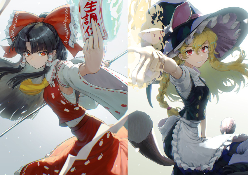 2girls arm_up black_hair bow commentary_request floating_hair foreshortening hair_bow hakurei_reimu harapan-kun highres kirisame_marisa long_hair multiple_girls multiple_views parted_bangs reaching reaching_towards_viewer red_bow touhou unfinished_dream_of_all_living_ghost