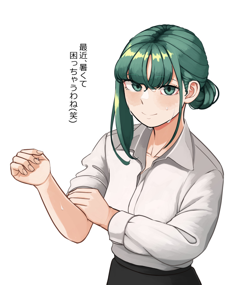 1girl absurdres asymmetrical_hair black_skirt blush breasts closed_mouth collared_shirt commentary_request cowboy_shot fingernails green_eyes green_hair hair_bun highres long_sleeves looking_at_viewer medium_bangs medium_breasts no_headwear no_vest ozu_(agito100001) rolling_sleeves_up shiki_eiki shirt short_hair simple_background single_hair_bun skirt sleeves_rolled_up smile solo touhou translation_request white_background white_shirt