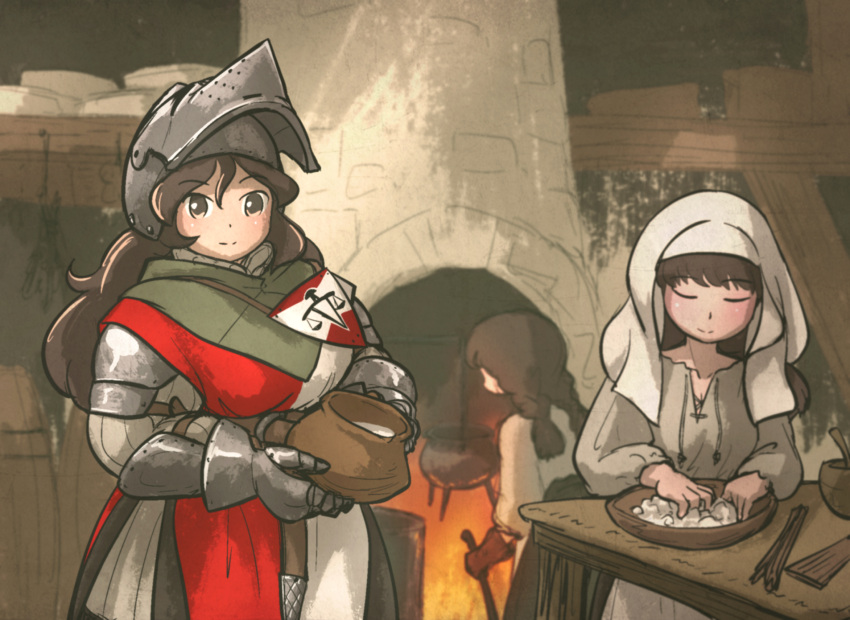 armor balance_scale_print bassinet belt brown_hair cauldron fireplace gambeson gauntlets gloves habit helmet highres ironlily jug_(bottle) lady_lucerne_(ironlily) long_hair medieval milk multiple_girls ordo_mediare_sisters_(ironlily) standing surcoat table twin_braids_sister_(ironlily)