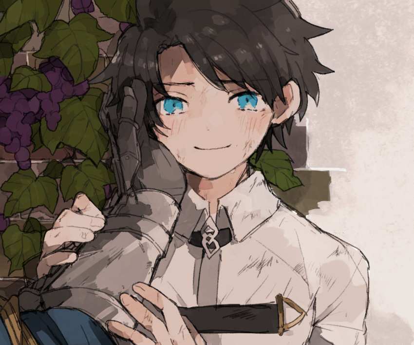 1boy black_hair chaldea_uniform character_request dot_nose fate/grand_order fate_(series) food fruit fujimaru_ritsuka_(male) gloves grapes hand_on_another's_face leaf long_sleeves male_focus noyuu pov short_hair smile tears upper_body