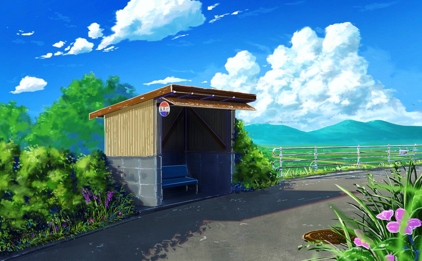 bench blue_sky blurry bus_stop bush clouds day depth_of_field field flower furumiya-underson grass highres landscape manhole_cover mixed-language_commentary mountain mountainous_horizon no_humans original outdoors railing road rural scenery sign sky tree