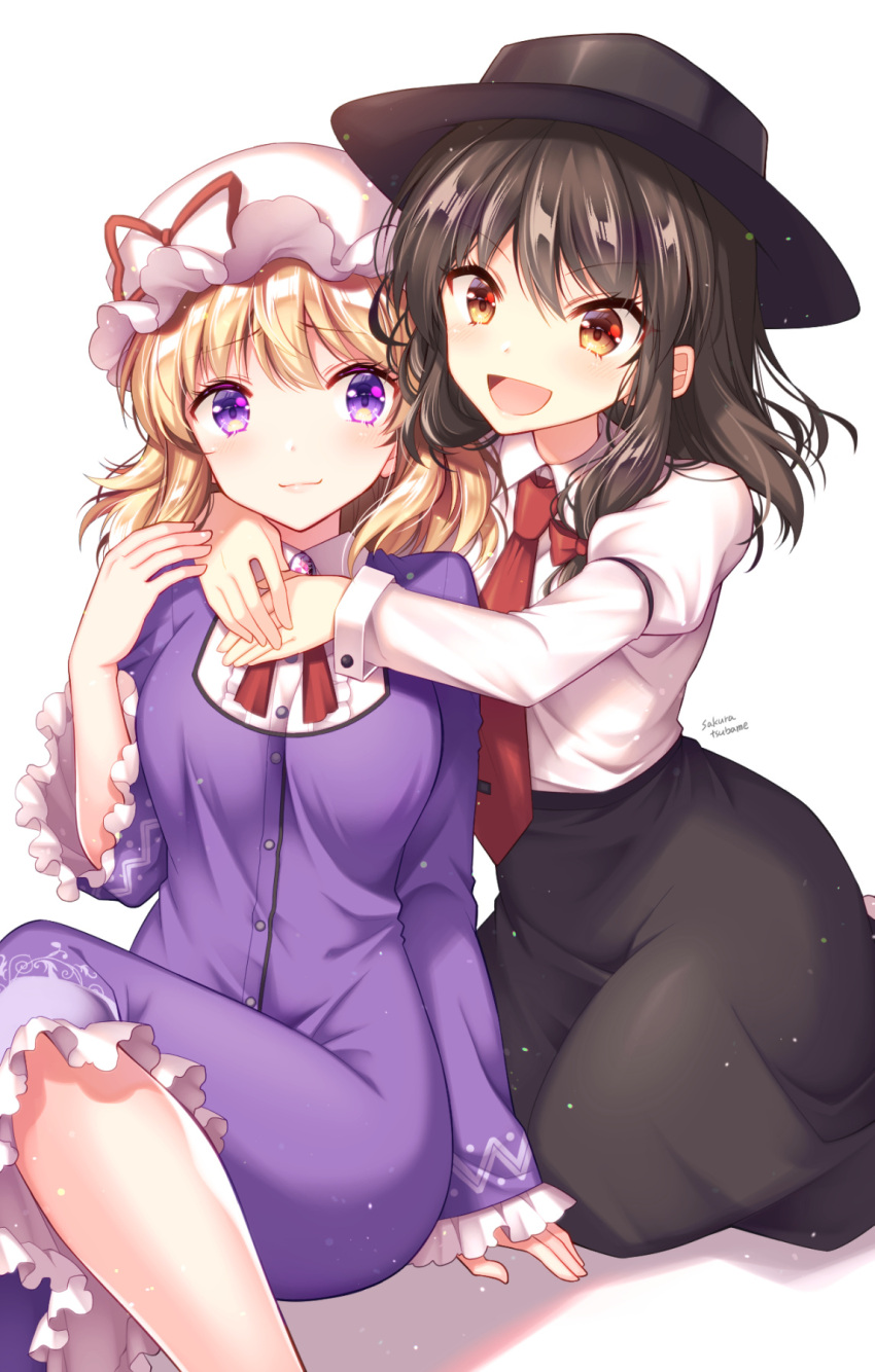 2girls black_headwear black_skirt blonde_hair blush breasts brown_hair buttons center_frills closed_mouth collared_shirt commentary dress eyelashes frilled_dress frilled_hat frilled_sleeves frills hand_on_another's_hand hat hat_ribbon highres hug hug_from_behind juliet_sleeves kneeling leg_up long_sleeves looking_at_another maribel_hearn medium_dress medium_hair medium_skirt mob_cap multiple_girls necktie open_mouth orange_eyes puffy_sleeves purple_brooch purple_dress raised_eyebrows red_necktie red_ribbon ribbon sakura_tsubame shadow shirt signature sitting skirt sleeve_garter smile touhou usami_renko v-shaped_eyebrows violet_eyes white_background white_headwear white_shirt wide_sleeves