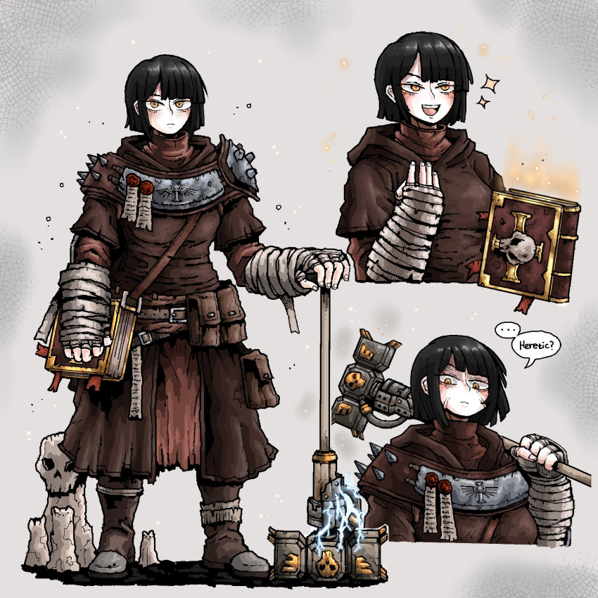 1girl adeptus_ministorum arm_wrap armor blush book candle ekfh4rnrqkq english_text hand_on_own_chest highres inquisition_(warhammer) open_mouth orange_eyes pauldrons pouch purity_seal robe short_hair shoulder_armor skull war_hammer warhammer_40k weapon