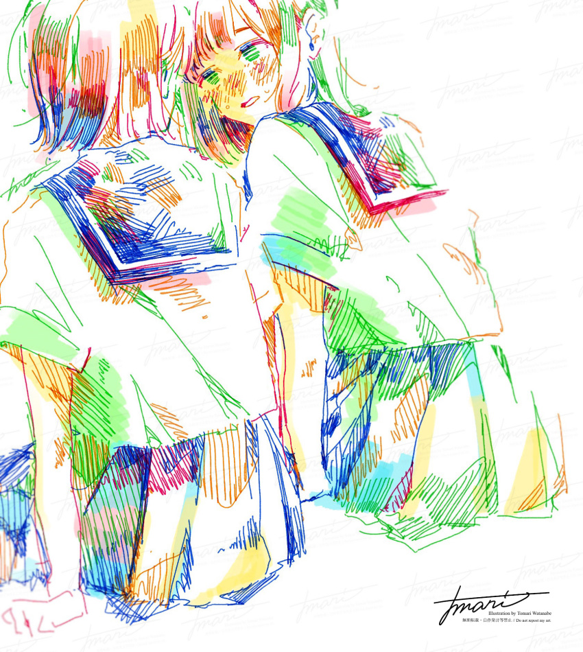 2girls artist_name blush colorful commentary_request from_behind hatching_(texture) highres looking_at_another looking_to_the_side medium_hair multiple_girls nose_blush original parted_lips pleated_skirt procreate_(medium) sailor_collar sailor_shirt school_uniform serafuku shirt shirt_tucked_in short_sleeves simple_background sitting skirt summer_uniform watanabe_tomari watermark white_background yuri