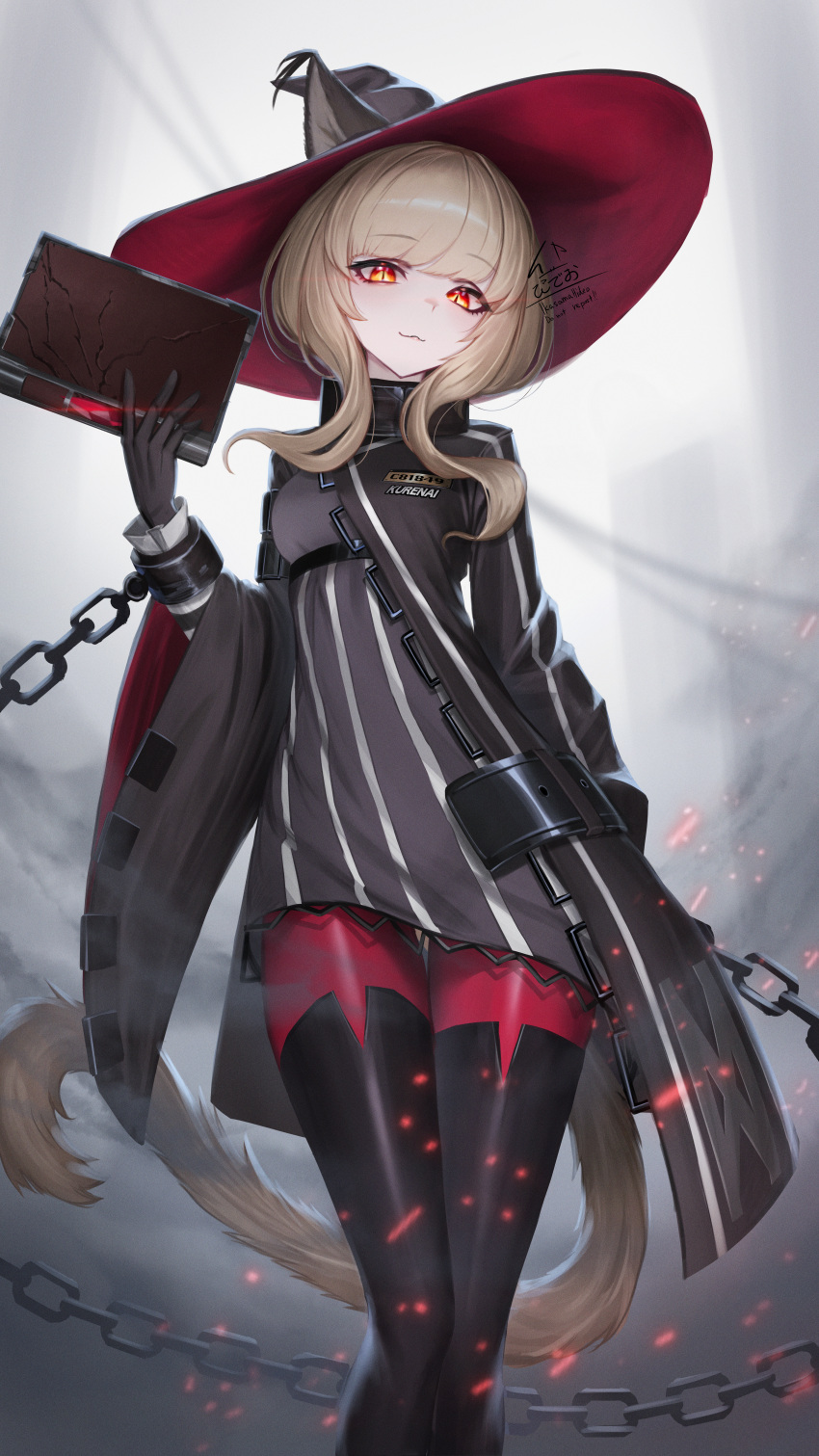 1girl :3 absurdres animal_ears arknights blonde_hair book breasts cat_ears cat_girl cat_tail chain cuffs gook hat haze_(arknights) highres holding holding_book ikasamahideo looking_at_viewer medium_breasts red_eyes robe shackles signature slit_pupils tail thigh-highs wide_sleeves witch witch_hat