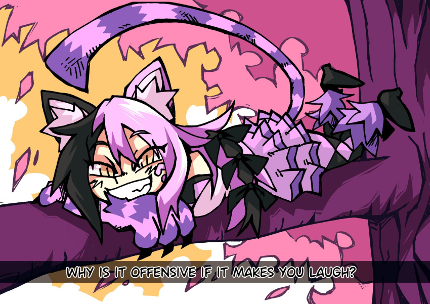 1girl animal_ears animal_hands black_hair cat_ears cat_girl cat_paws cat_tail checkered_clothes checkered_legwear cheshire_cat_(monster_girl_encyclopedia) claws commentary commission english_commentary english_text highres monster_girl monster_girl_encyclopedia multicolored_hair purple_fur purple_hair setz slit_pupils smile striped_tail tail tree two-tone_hair yellow_eyes