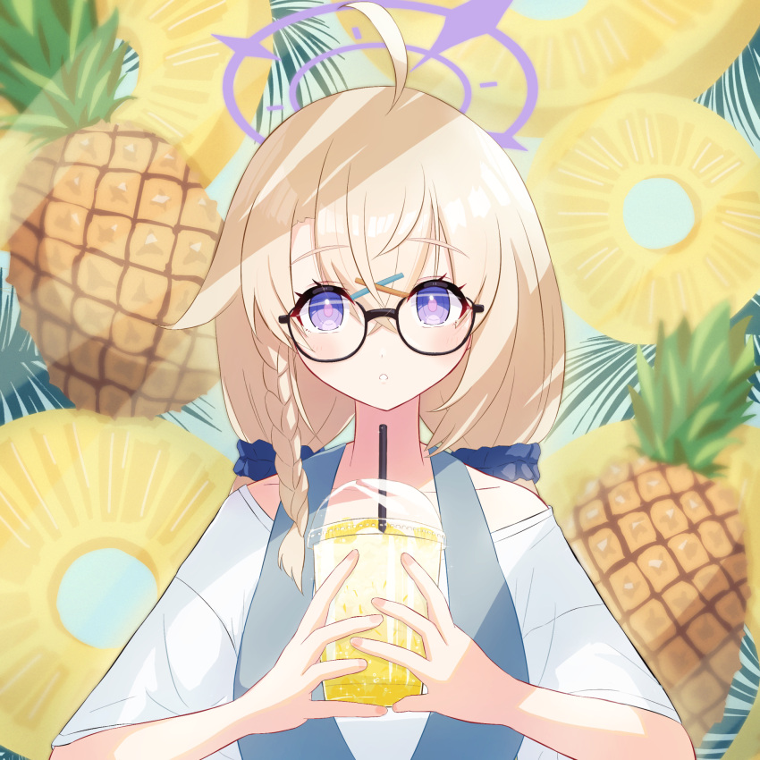 1girl ahoge alternate_costume black-framed_eyewear blonde_hair blue_archive braid cup disposable_cup food fruit glasses hair_ornament hair_scrunchie hairclip halo highres holding holding_cup kotama_(blue_archive) long_hair looking_at_viewer low_twintails makolas97 parted_lips pineapple pineapple_slice scrunchie short_sleeves side_braid solo twintails upper_body violet_eyes