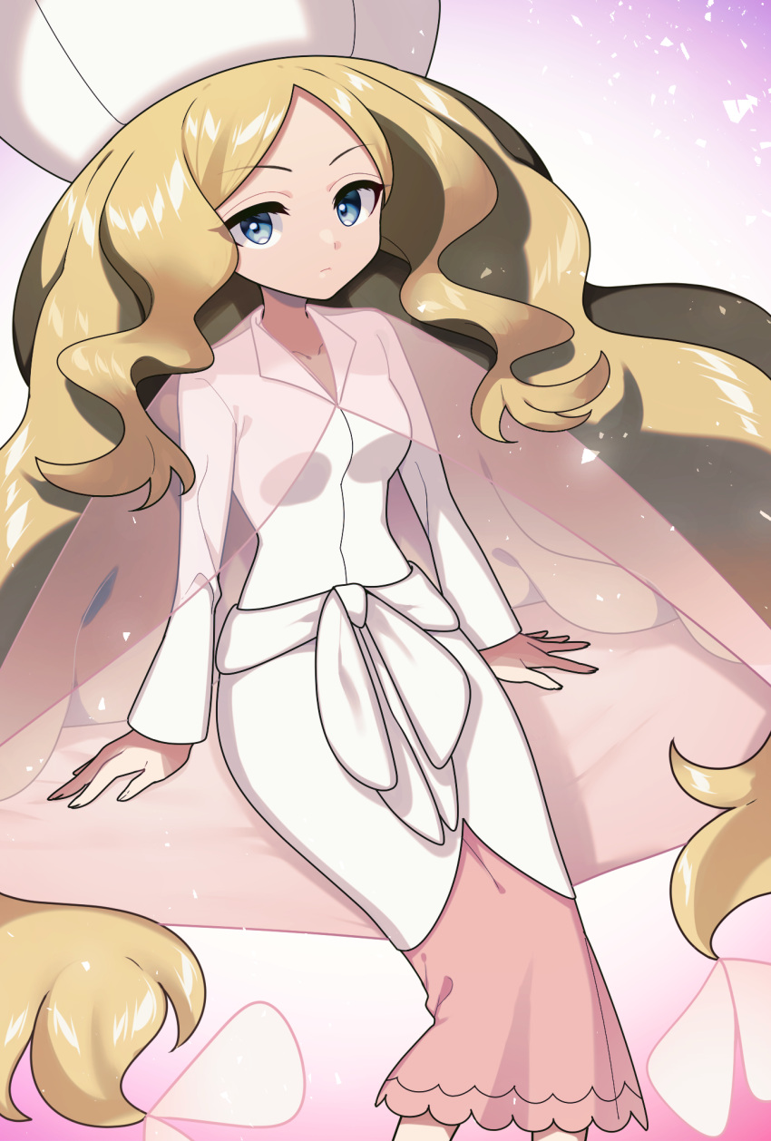 1girl blonde_hair blue_eyes butterfly_hair_ornament caitlin_(pokemon) cape closed_mouth commentary dress hair_ornament hat highres long_hair long_sleeves looking_at_viewer parted_bangs pink_cape pokemon pokemon_(game) pokemon_bw see-through_cape sidelocks solo very_long_hair wavy_hair white_dress white_headwear yuihico