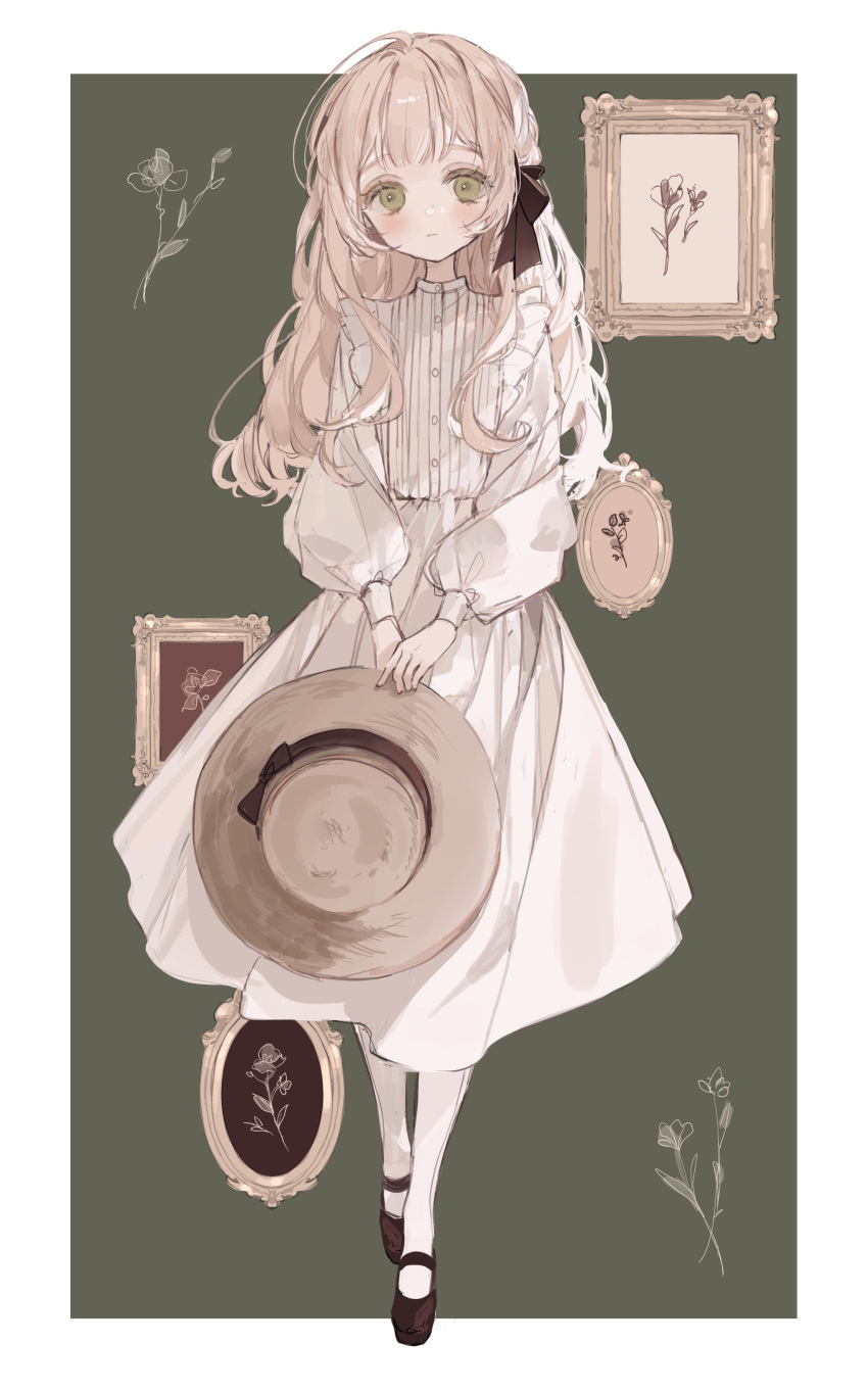 1girl absurdres black_bow black_footwear blonde_hair bow commentary dress full_body green_eyes hair_bow hat hat_removed headwear_removed highres kyuumura long_hair long_sleeves mary_janes original shoes solo symbol-only_commentary white_dress