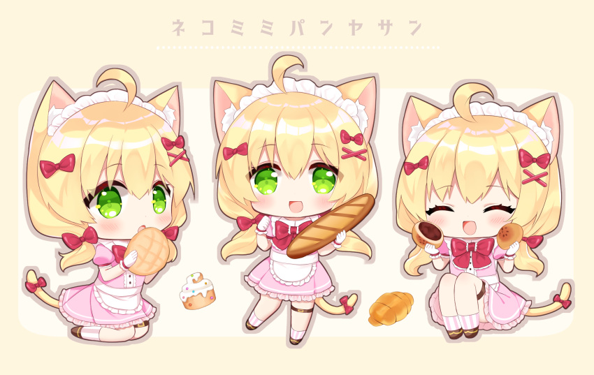 1girl :d :o ^_^ ahoge animal_ears apron baguette blonde_hair blush bow bread brown_background brown_footwear cake cat_ears cat_girl cat_tail chibi closed_eyes collared_shirt commentary_request food frilled_apron frilled_skirt frills full_body gloves green_eyes grey_outline hair_between_eyes hair_bow hair_ornament hairclip heart highres holding holding_food long_hair low_twintails maid_headdress multiple_views original pink_shirt pink_skirt pleated_skirt puffy_short_sleeves puffy_sleeves red_bow shikito shirt shoes short_sleeves simple_background skirt smile socks striped striped_socks tail tail_bow tail_ornament translation_request twintails vertical-striped_socks vertical_stripes very_long_hair waist_apron white_apron white_gloves x_hair_ornament