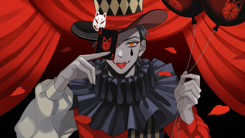 1boy asymmetrical_clothes balloon card collar curtains envy_baby_(vocaloid) fangs fox_mask frilled_collar frills hands_up hat highres holding holding_card koga_act_(vtuber) limited_palette looking_at_viewer male_focus mask one_eye_covered petals playing_card red_eyes red_theme ringed_eyes short_hair smile solo straight-on striped tongue tongue_out top_hat upper_body virtual_youtuber yori_(ito_haruki)