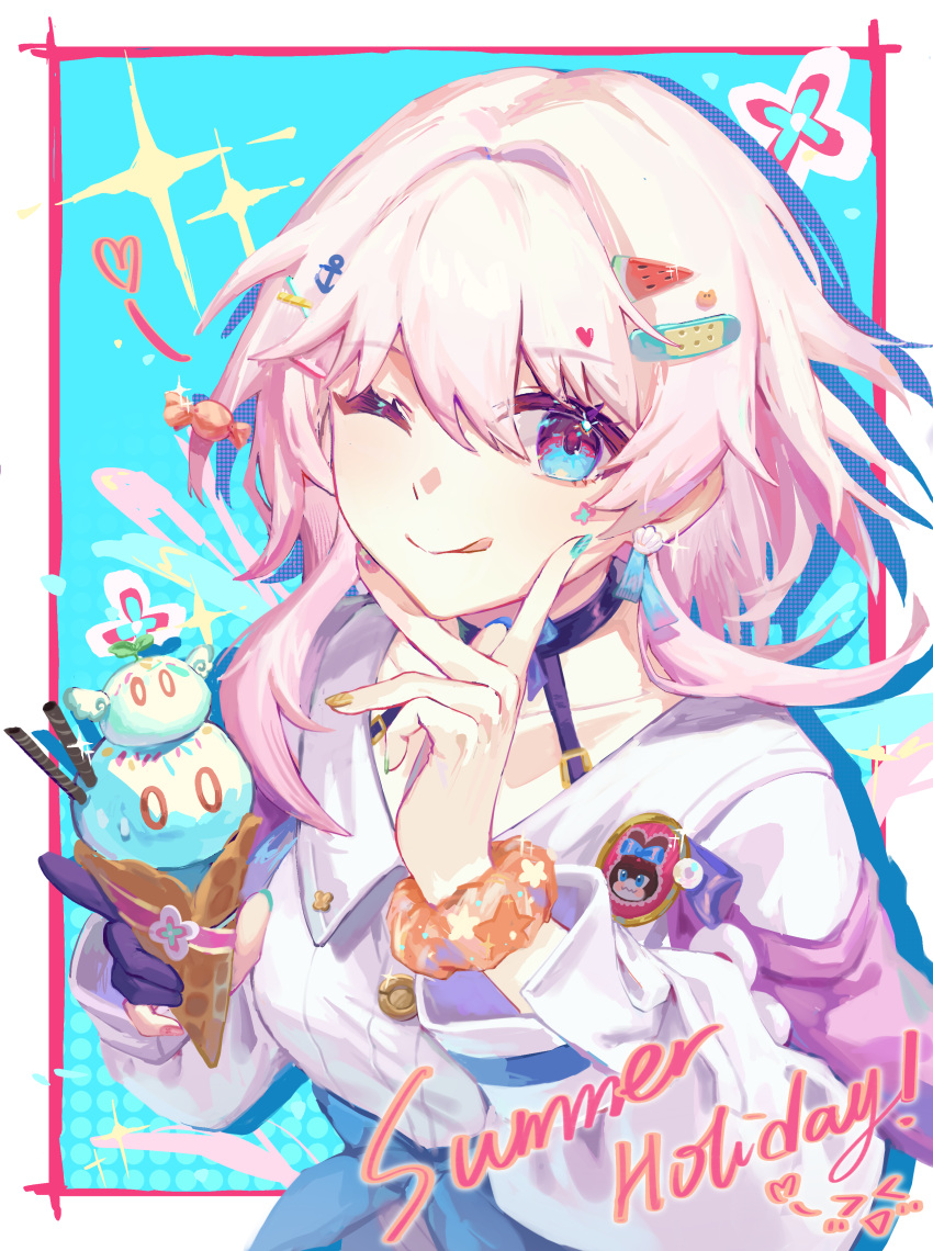 1girl ;p absurdres archery_shooting_glove black_choker black_gloves blue_eyes blue_jacket buttons choker earrings english_text food gloves hair_ornament hairclip hand_on_own_chin heart highres holding holding_food holding_ice_cream honkai:_star_rail honkai_(series) ice_cream ice_cream_cone jacket jewelry long_sleeves looking_at_viewer march_7th_(honkai:_star_rail) multicolored_clothes multicolored_jacket nail_polish one_eye_closed partially_fingerless_gloves pink_eyes pink_hair pom-pom_(honkai:_star_rail) shirt single_glove tongue tongue_out two-tone_eyes upper_body white_shirt wristband xuto