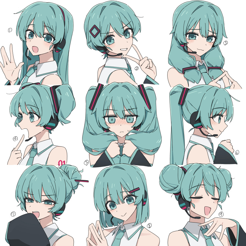 1girl absurdres alternate_hair_length alternate_hairstyle aqua_eyes aqua_hair aqua_necktie bare_shoulders black_sleeves blunt_bangs blush bob_cut closed_eyes commentary costume_chart detached_sleeves double_bun embarrassed english_commentary from_side hair_bun hair_ornament hand_on_own_chest hatsune_miku headset highres holding_own_hair index_fingers_together long_hair looking_at_viewer low_twintails medium_hair multiple_views necktie open_mouth pointing pointing_at_self portrait shirt short_hair single_hair_bun sleeveless sleeveless_shirt sleeves_past_fingers sleeves_past_wrists smile solo squinting steepled_fingers tanosii_chan twintails upper_body v vocaloid white_background white_shirt