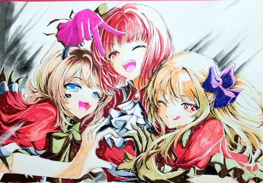 3girls :3 ;d arima_kana ascot blonde_hair blue_eyes bob_cut capelet closed_mouth collared_shirt commentary demon_horns earpiece fake_horns fangs frilled_gloves frills gloves hat heart heart_hands heart_hands_duo horns hoshino_ruby inverted_bob long_hair looking_at_viewer marker_(medium) medium_hair memcho mini_hat mini_top_hat multiple_girls no_pupils one_eye_closed one_side_up open_mouth oshi_no_ko pink_gloves red_brooch red_capelet red_eyes red_shirt redhead shirt short_hair sidelocks smile star-shaped_pupils star_(symbol) symbol-shaped_pupils teeth tongue tongue_out top_hat traditional_media upper_body upper_teeth_only urumashi-03301980 v white_ascot yellow_gloves