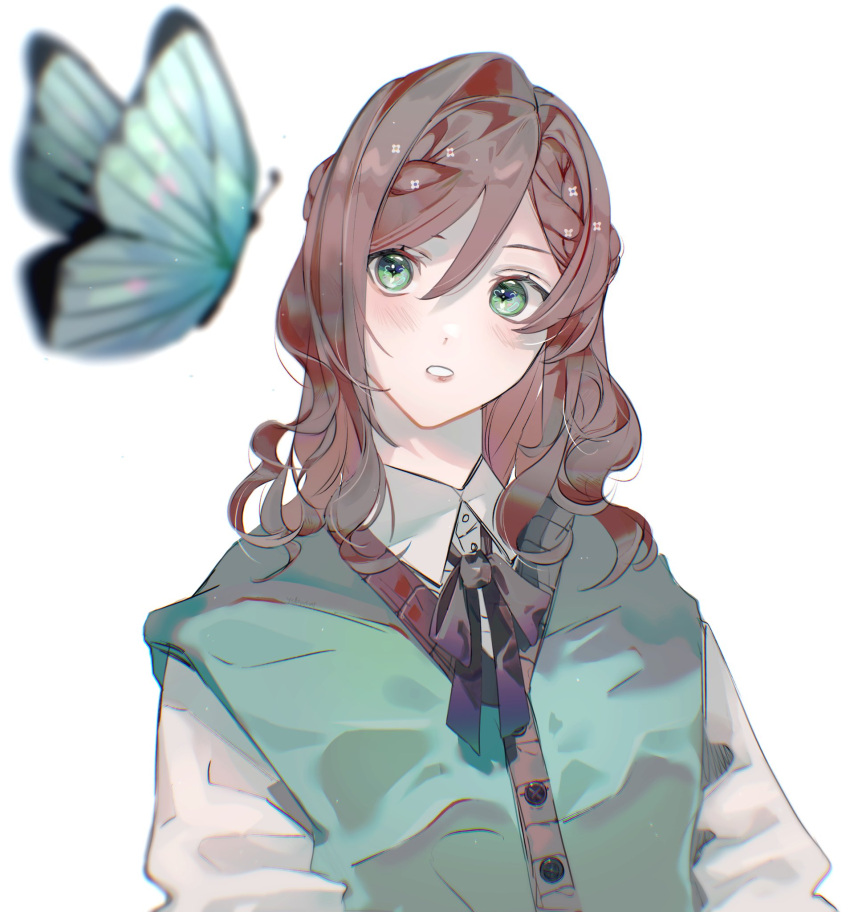 1girl :o black_bow black_bowtie blurry blurry_foreground bow bowtie brown_hair clip_studio_paint_(medium) collared_shirt english_commentary green_eyes green_vest highres long_hair long_sleeves missedyellowhat open_mouth rosa_(tears_of_themis) shirt simple_background solo tears_of_themis upper_body vest white_background white_shirt