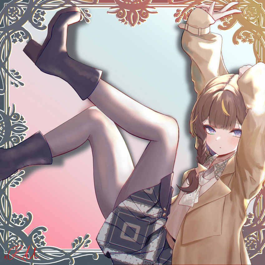 1girl absurdres anya_melfissa arms_up boots braid brown_coat brown_hair coat highres hololive hololive_indonesia pantyhose side_braid signature skirt violet_eyes virtual_youtuber xsilentred