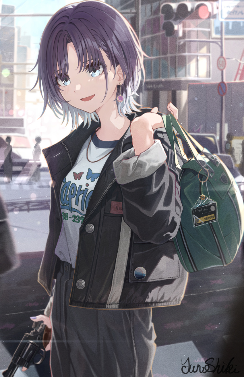 1girl 3others absurdres aqua_eyes aqua_hair artist_name asakura_toru bag cowboy_shot earrings gradient_hair gun handbag highres holding holding_bag holding_gun holding_weapon idolmaster idolmaster_shiny_colors jacket jewelry junshiki looking_at_viewer multicolored_hair multiple_others open_clothes open_jacket outdoors parted_bangs parted_lips purple_hair revolver short_hair signature sleeves_rolled_up solo_focus traffic_light weapon
