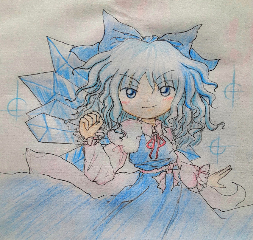 1girl blue_bow blue_dress blue_eyes blue_hair blush bow cirno clenched_hand colored_pencil_(medium) dot_nose dress fairy_wings hair_bow hand_up highres ice ice_wings light_blue_hair looking_at_viewer medium_hair neck_ribbon paper_background photo_(medium) pinafore_dress puffy_sleeves red_bow red_ribbon ribbon sketch sleeveless sleeveless_dress smile solo star_(symbol) touhou traditional_media upper_body v-shaped_eyebrows white_background white_sleeves wings yakumo_zhuzhen zun_(style)