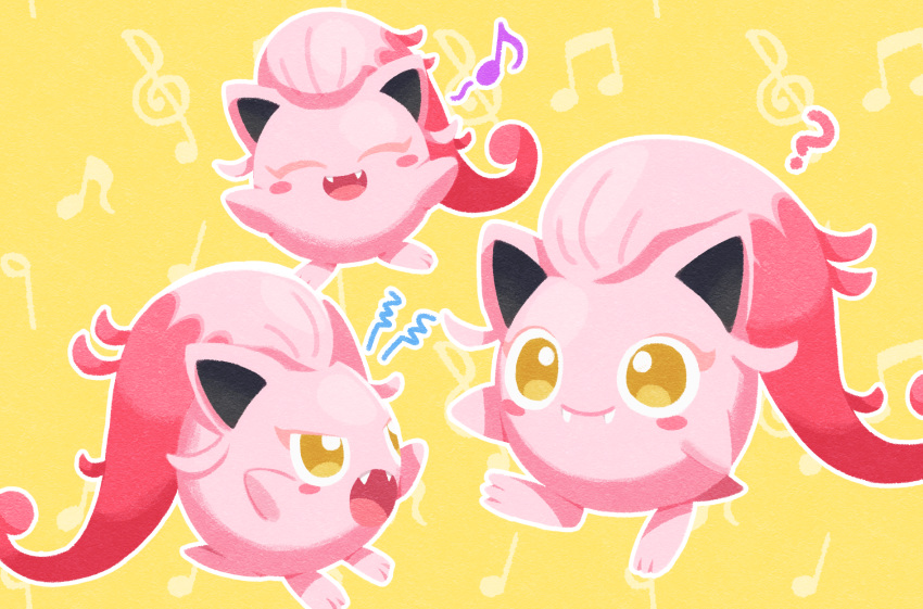 :d ? blush_stickers bright_pupils closed_mouth commentary_request fangs fangs_out highres hoshino_hikari musical_note no_humans open_mouth pokemon pokemon_(creature) scream_tail smile tongue white_pupils yellow_background yellow_eyes